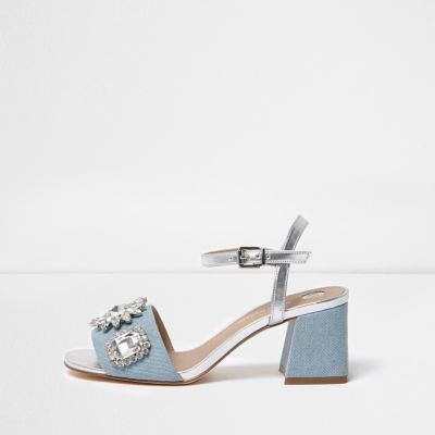Light blue diamante block heel sandals